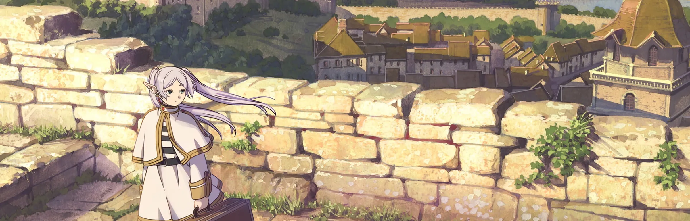 Arte oficial de Sousou no Frieren: Frieren con su maleta junto a un muro de piedra, sobre un pueblo medieval de tejados dorados