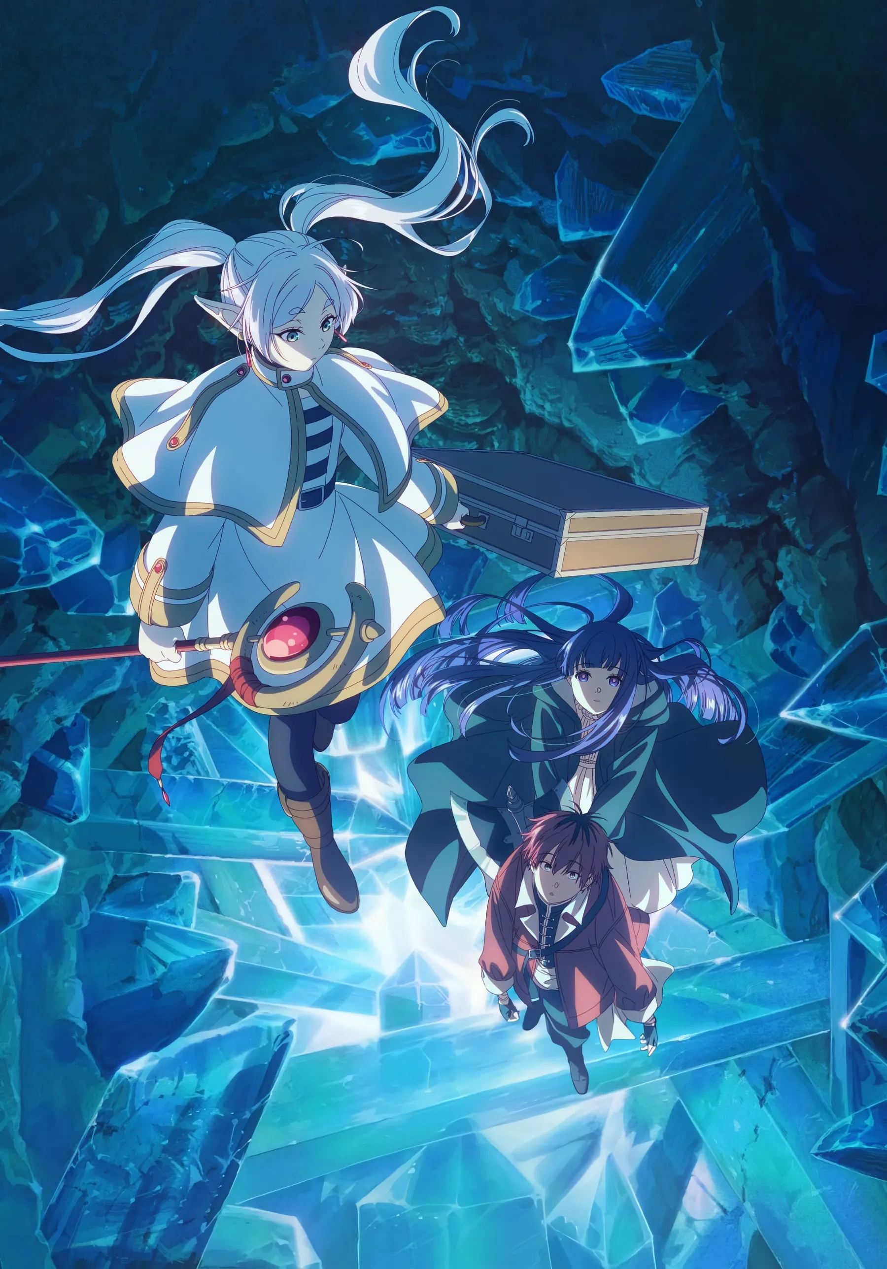 Key visual de la temporada 2: Frieren, Fern y Stark descendiendo por una cueva de cristales azules