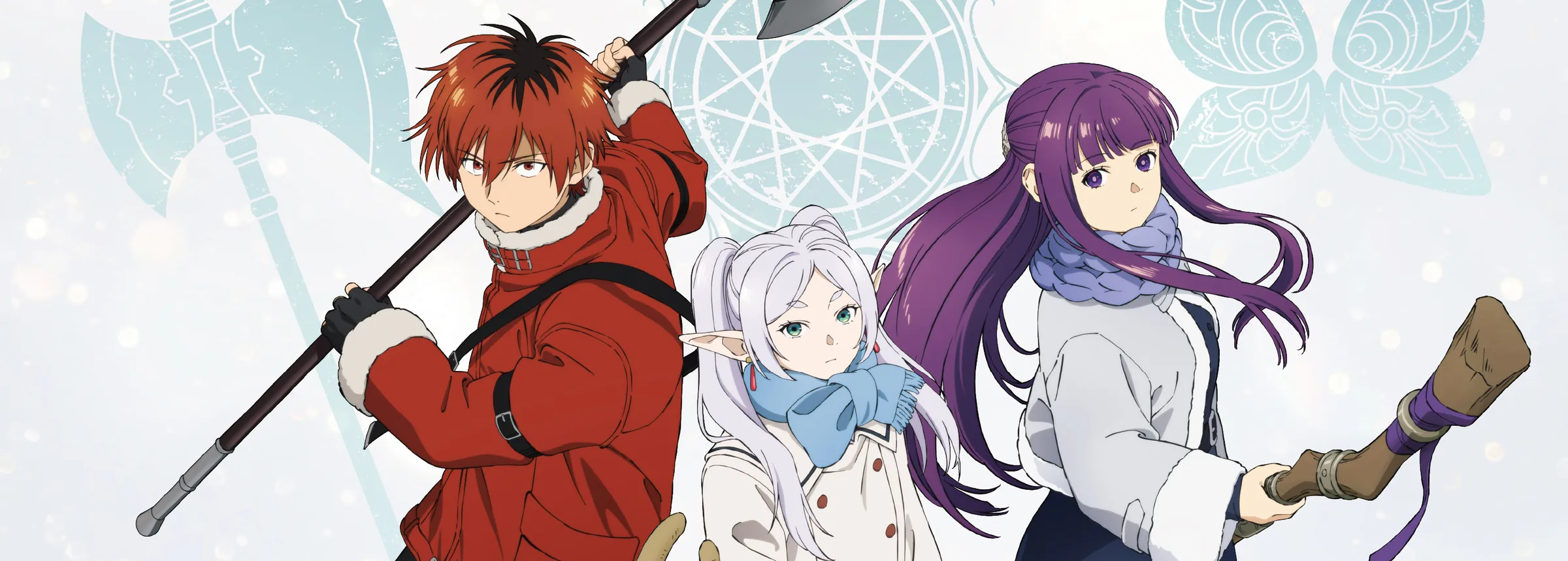 Arte oficial de Sousou no Frieren, temporada 2: Stark con su hacha, Frieren y Fern, con ropa de invierno, sobre un fondo claro